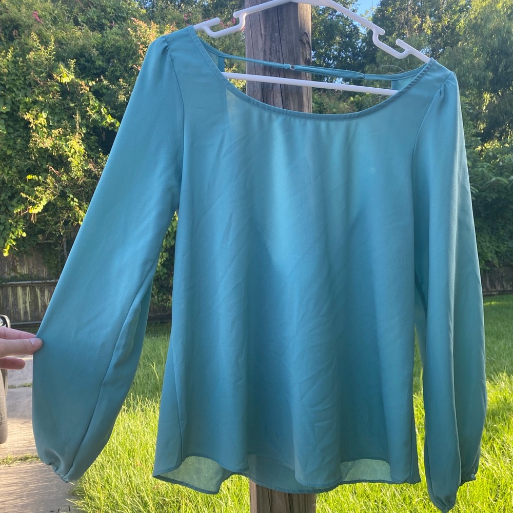 Teal flowy open back blouse